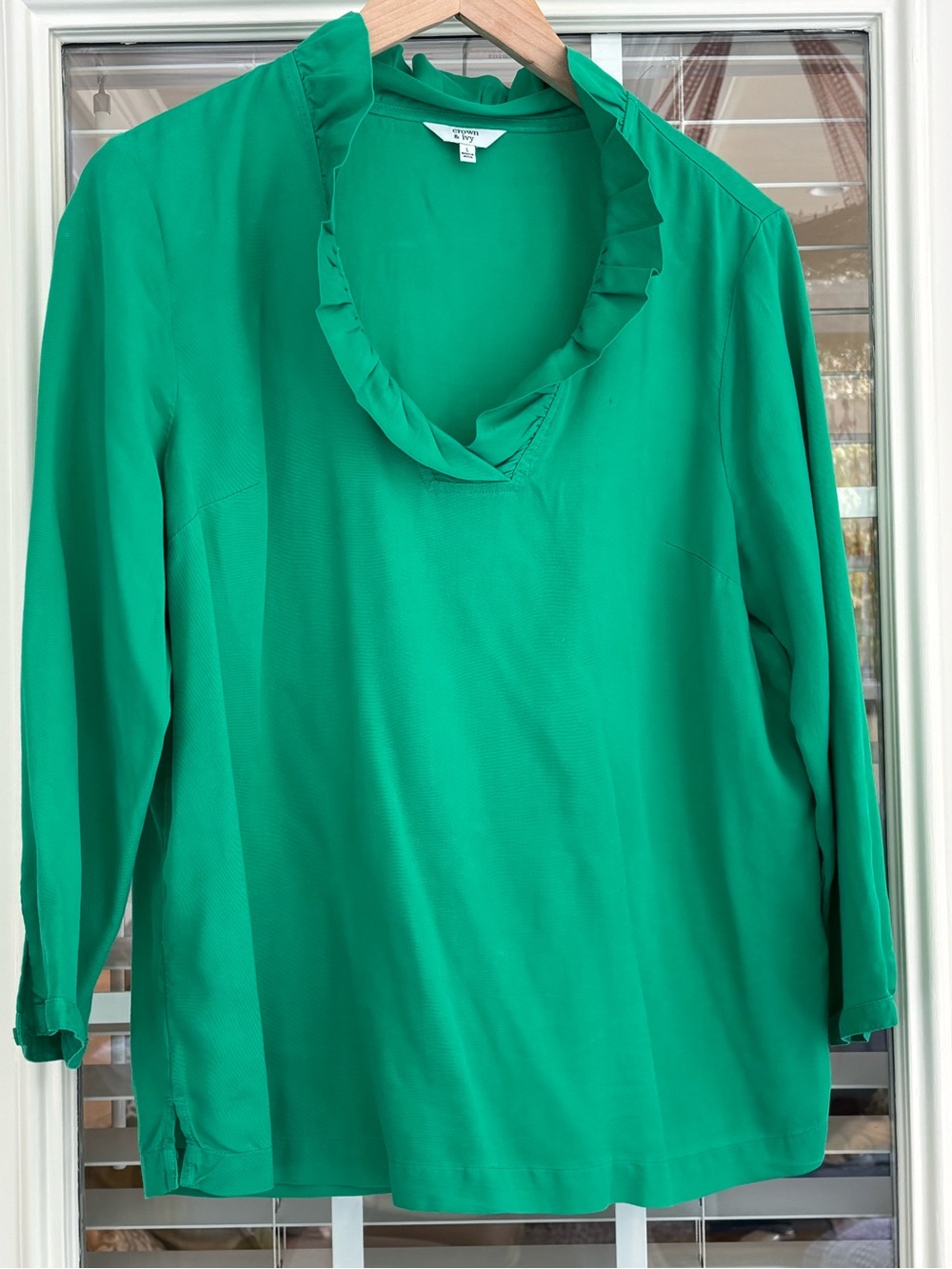 Blouse, ruffled collar, emerald-green, large, 3/4 sleeve